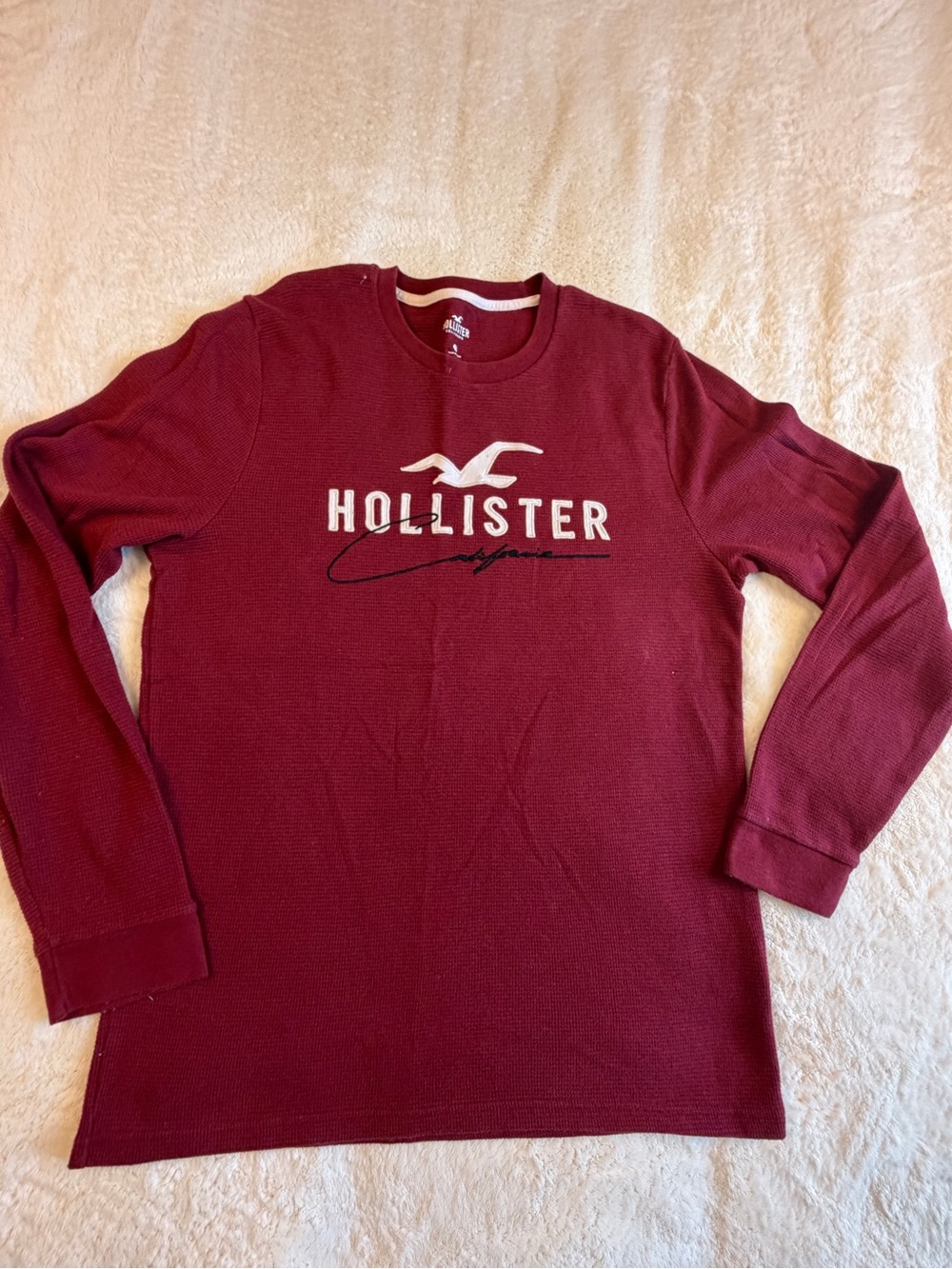 Hollister Men's Long-Sleeve Crewneck Shirt - Wine Red with White Logo L